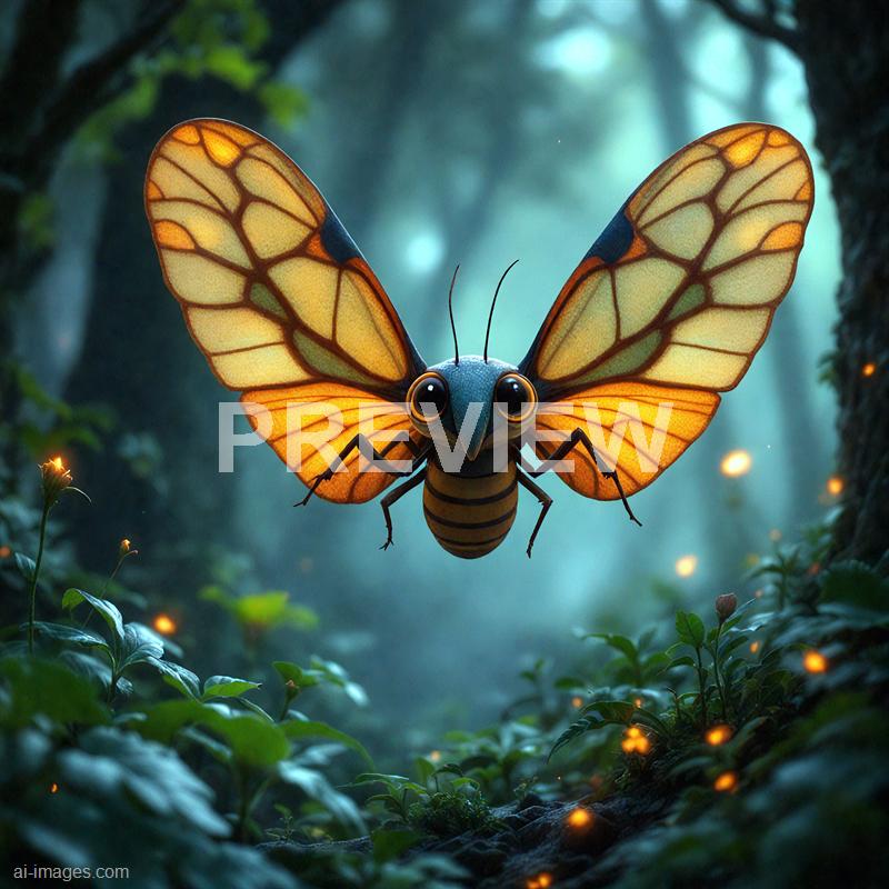 A fantastical insect with the body of a bee and butterfly-like wings floats in a lush, green forest. Its large, shiny eyes and antennae are prominent on its head, while its delicate, glowing wings display intricate vein patterns in shades of yellow and orange. The background features a misty atmosphere with faint light filtering through the trees, and tiny glowing particles or fireflies are scattered around, enhancing the magical scene.